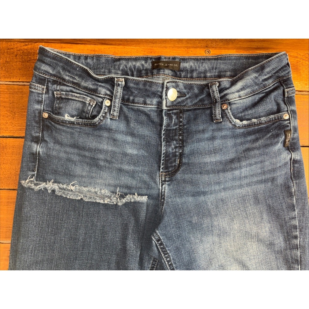 Silver Jeans Co Straight Leg Women Size 32x30 Blue Raw Hem Distressed Denim READ